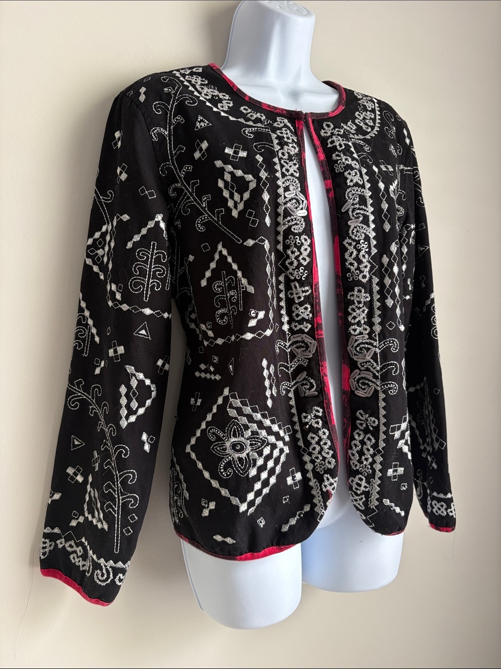 Black Embroidered Vintage Notations with Pink Trim